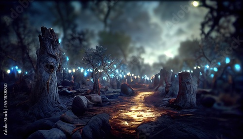 Magical dark fairy tale forest at night with glowing lights and fog und flying particles, ai