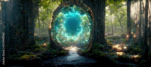 In a dense forest, an archway leads to another dimension. The leaves on the trees are green. A blue light can be seen in the portal. The whole earth is covered with green grass. 3D illustration, ai.