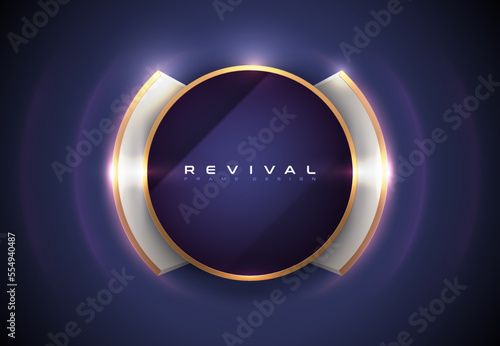 Glossy purple circle logo frame, gold edge. Luxury frame, golden line brackets border violet background. Abstract ring vector glow light waves. Vibration motion light effect. Resonance round frame