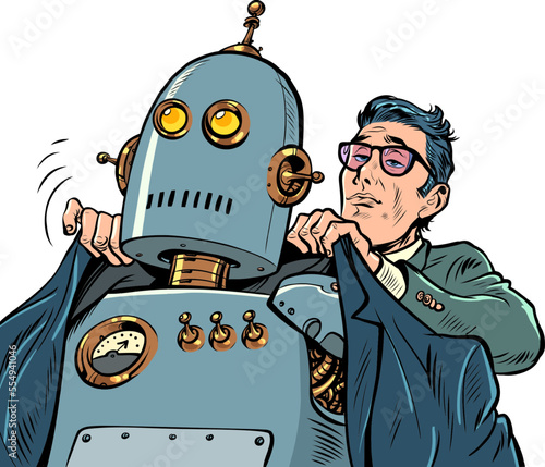 Businessman dress up robot boss. Artificial intelligence assistant. Robotization new technologies