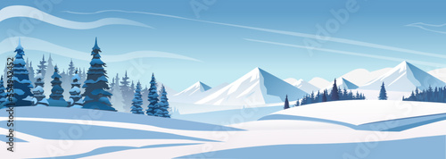 Vector flat winter landscape with snowy mountains, woods, spruce trees and fields covered with snow on blue cloudy sky. Chsitmas, new year seasonal background