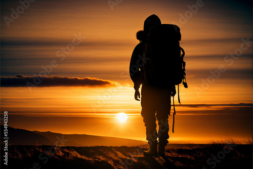 Silhouette of a young man with hiking backpack walking across the dune