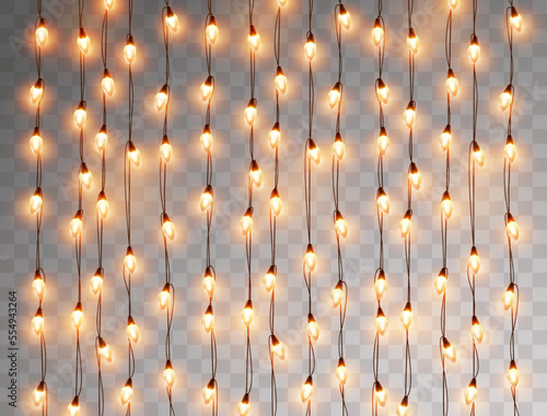Lights bulbs isolated on transparent background. Glowing yellow Christmas vertical garland strings, festival or carnival street decorations. Vector New Year party decor elements