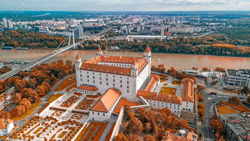 Aerial view of Bratislava Castle and city skyline on a summer afternoon