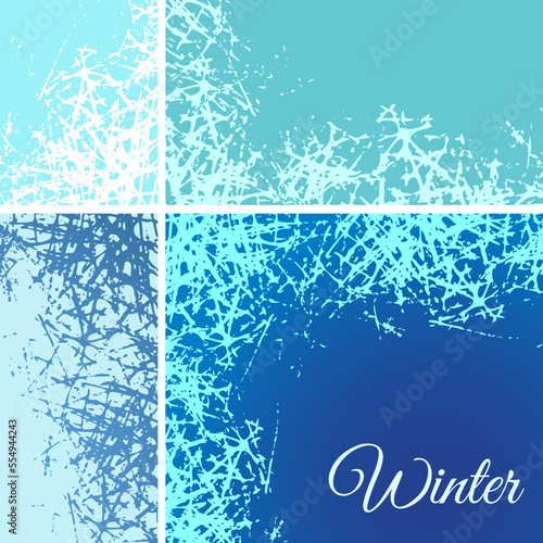 Set of ice crystals border with frosted patterns on freeze winter window. Vector holiday design frames