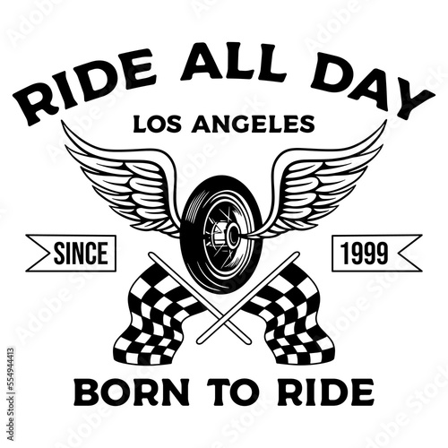 Wheel with wings and race flag vector design