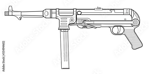 Vector illustration of the MP40 german machine gun with folded stock on the white background. Left side.