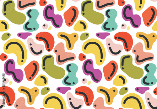 Colorful abstract and seamless pattern, pop colors, fun, doodle inspiration. Random shapes, hand drawn. Ideal for textile printing, object decoration and digital use. Vector illustration.