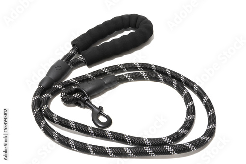 Black and gray dog leash, isolated on white background. Dog accessories concept.