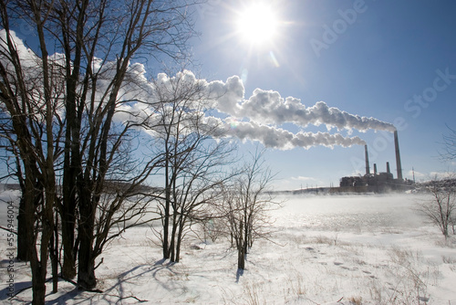 Coal fired power plant in winter with emissions blowing downwind; Mount Storm, West Virginia photo