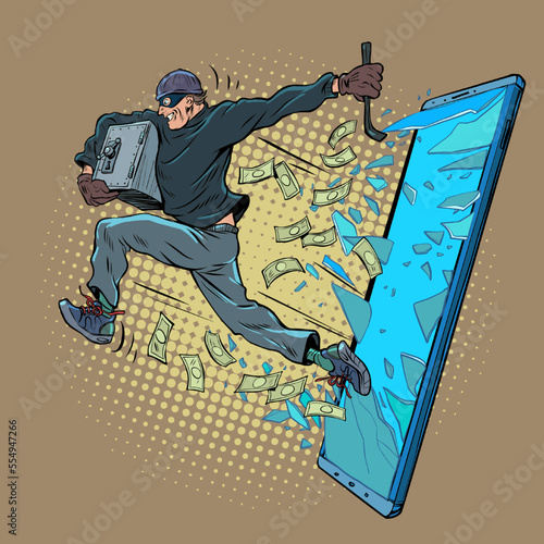 A thief steals electronic money through a smartphone. Internet fraud, data theft by hackers