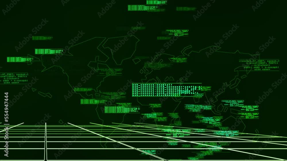 Digital data floating flows in matrix with global world map background Digital data floating flows in matrix with global world map background