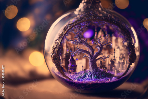 Wallpaper Mural Close up Christmas ornament microworld inside spun glass hanging from Christmas tree, purple rococo wonderland background,generative ai. Torontodigital.ca