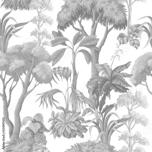 Seamless pattern with monochrome jungle trees and plant. Vector.