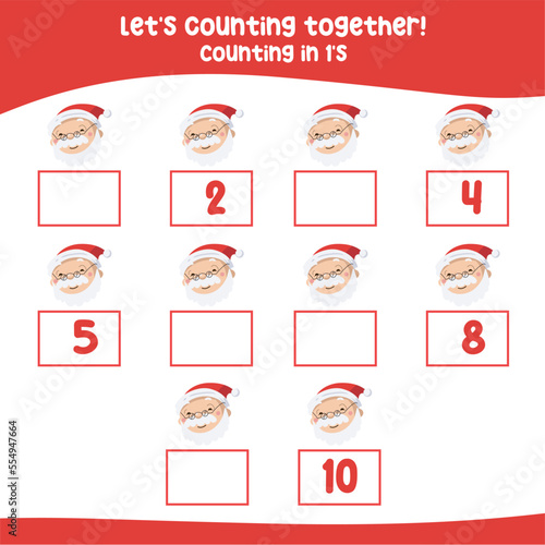 Counting by one's the Christmas elements. practising math in multiple of 1s activity worksheet for kids, write the missing numbers. Counting math. Math worksheet for children. 