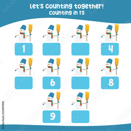 Counting by one's the Christmas elements. practising math in multiple of 1s activity worksheet for kids, write the missing numbers. Counting math. Math worksheet for children. 