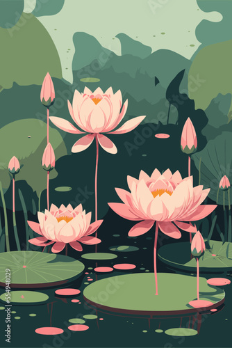 lotus lily water flower and leaf on lake or pond nature background wallpaper