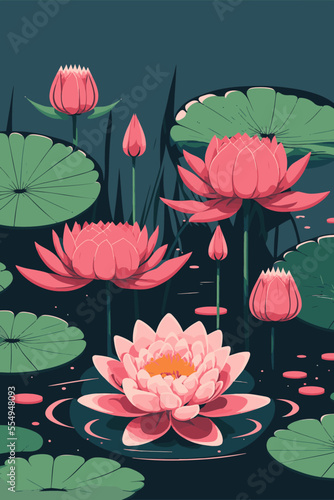 lotus lily water flower and leaf on lake or pond nature background wallpaper