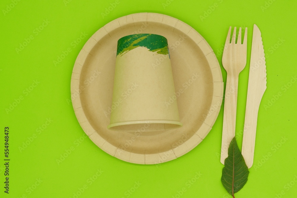 Foto de Ecological plates, fork, knife and glass, ecofriendly