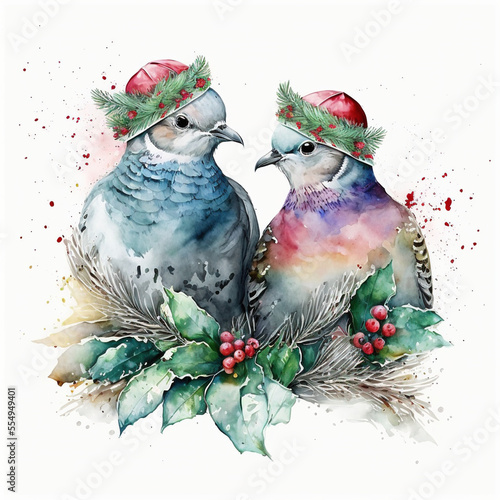 watercolor two turtle doves wearing a Santa hats , Christmas greenery, watercolor splash background photo