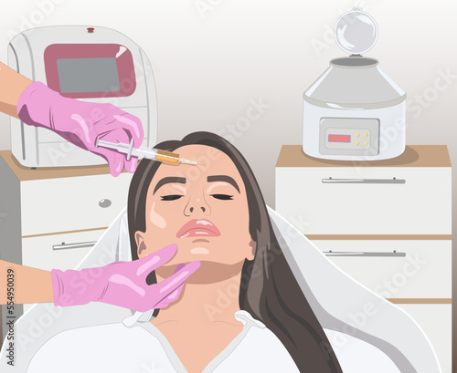 Cosmetologist does prp therapy on the face of a beautiful woman. Cosmetology concept. vector image