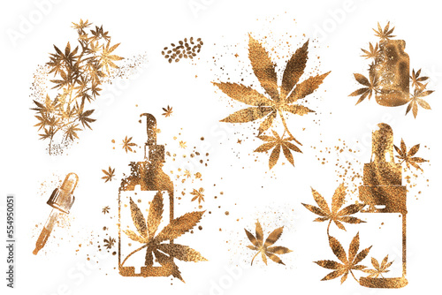 Golden design - hemp leaves. Hand drawn. Different glass bottles with CBD oil, hemp oil and hemp seeds. Cosmetics CBD oil for health.