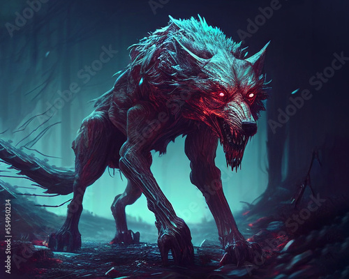 A rabid wolf in the woods with red eyes photo