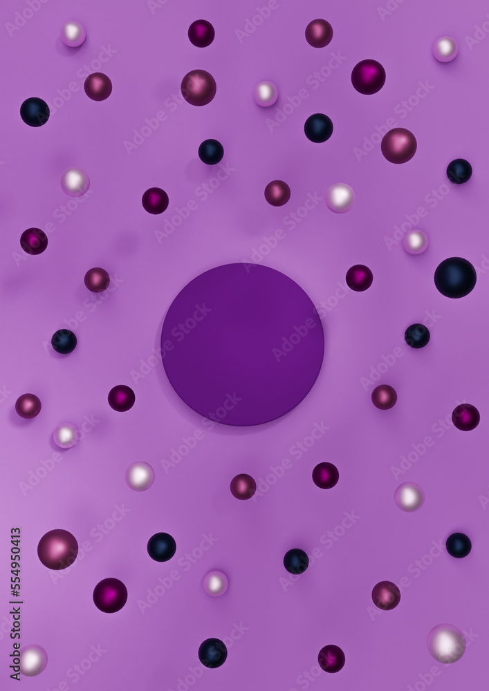 Bright purple, violet 3D illustration minimal product display Christmas themed with colorful decoration Christmas balls falling top view flat lay photography wallpaper with one podium or stand Bright purple, violet 3D illustration minimal product display Christmas themed with colorful decoration Christmas balls falling top view flat lay photography wallpaper with one podium or stand