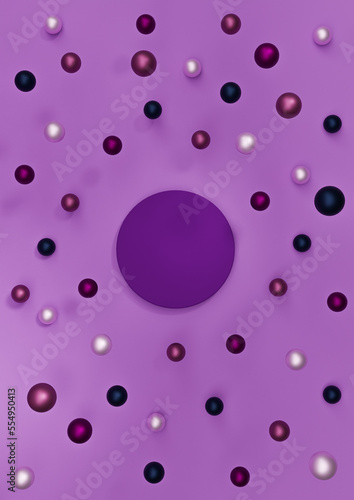 Bright purple, violet 3D illustration minimal product display Christmas themed with colorful decoration Christmas balls falling top view flat lay photography wallpaper with one podium or stand