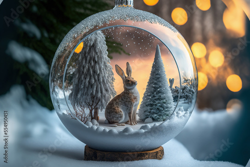 The magical snow wonderland seen in a glass globe,tree branches,snow photo