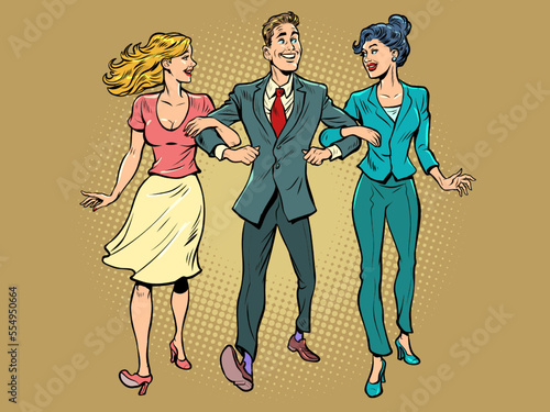 Date. A man with two girls. Unconventional marriage. Friends are walking