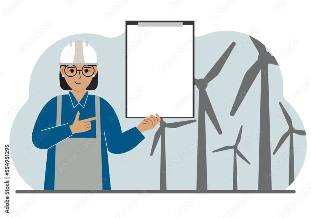 Technician engineer woman, energy wind farm. The concept of clean alternative energy. Environmental protection, ecology protection. Technician engineer woman, energy wind farm. The concept of clean alternative energy. Environmental protection, ecology protection.