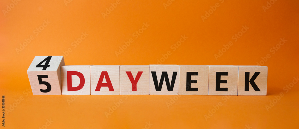 4 vs 5 work week symbol. Turned wooden cubes with words 4 vs 5 work week. Beautiful grey background. Business and 4 vs 5 week work concept. Copy space 4 vs 5 work week symbol. Turned wooden cubes with words 4 vs 5 work week. Beautiful grey background. Business and 4 vs 5 week work concept. Copy space