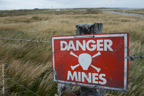 Sign warning of land mine danger in Stanley, Falkland Islands; Stanley, Falkland Islands, British Overseas Territory