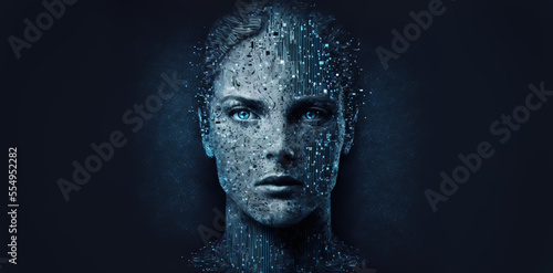 Human portrait made out of data bits, Generative AI illustration