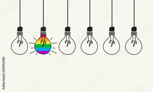 Group of light bulbs, one of them with the pride flag. Equality in business, Creative ideas for innovation, knowledgeable leader. Vector illustration