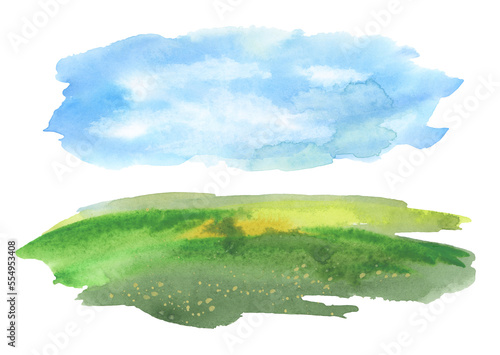 Png Summer cloud sky and grass meadow landscape . Abstract watercolor and acrylic flow blot smear painting. Color canvas transparent background.