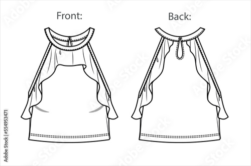 Vector woman halter neck blouse sketch, sleeveless tee fashion CAD, summer crop top technical drawing, female flat, template. Jersey or woven fabric tank top with front, back view, white color
