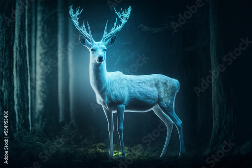 Generative AI illustration of white deer in enchanted forest © Mikolaj Niemczewski