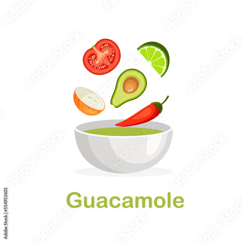 Guacamole ingredients. Avocado, tomato, chili pepper, onion and lime falling in a bowl. Mexican sauce recipe. Vector illustration in trendy flat style isolated on white background.