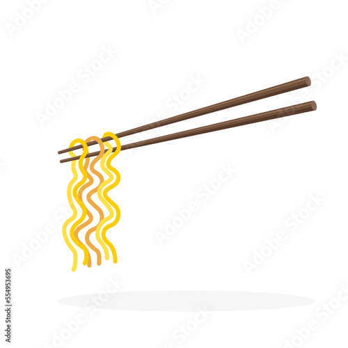 Oriental noodle. Chopsticks holding traditional asian noodles. Korean and Japanese food. Chinese cuisine. Vector illustration in trendy flat style isolated on white background.