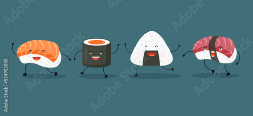 Japanese salmon sushi, onigiri and maki roll cute character. Cartoon raw sliced fish with rice. Traditional Asian food. Vector illustration in trendy flat style isolated.