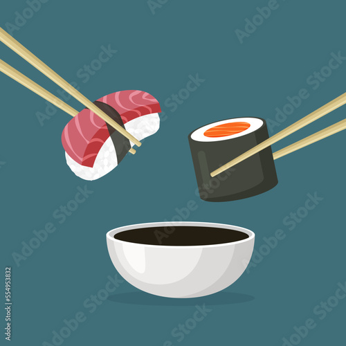 Japanese tuna sushi and salmon maki roll. Chopsticks holding raw fish dipped in soy sauce. Traditional Asian food. Top view. Vector illustration in trendy flat style isolated.