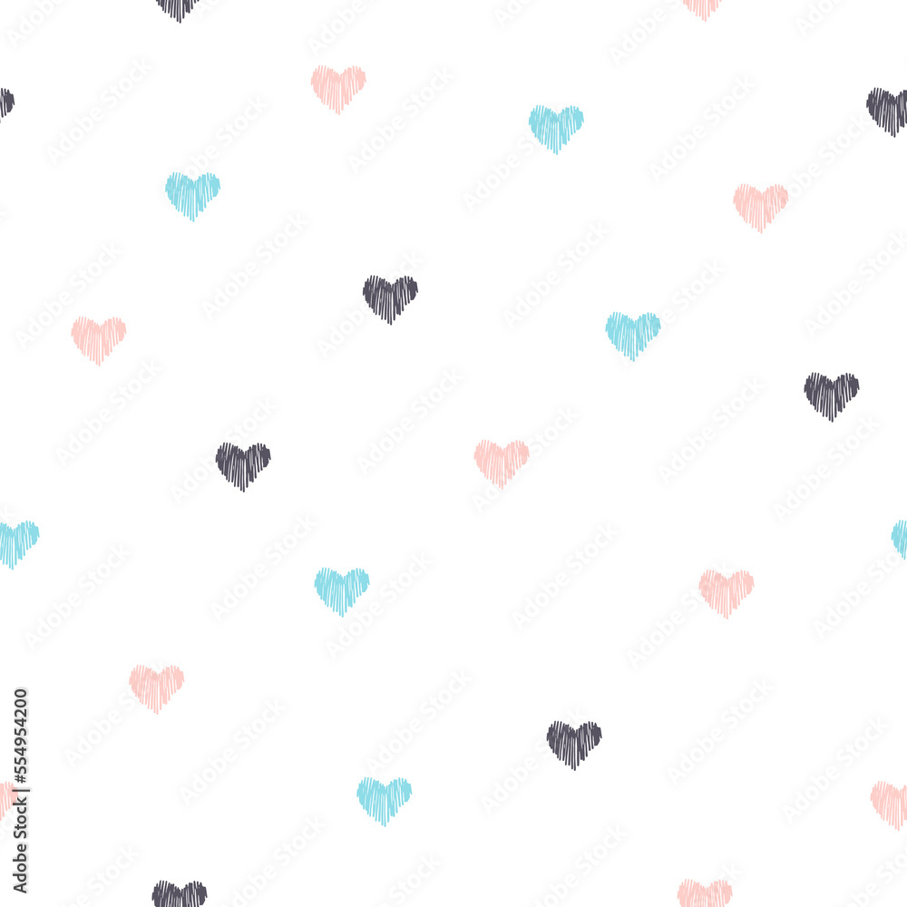 Seamless vector pattern with gray, pink and blue hearts on a white background. Cartoon design about love.