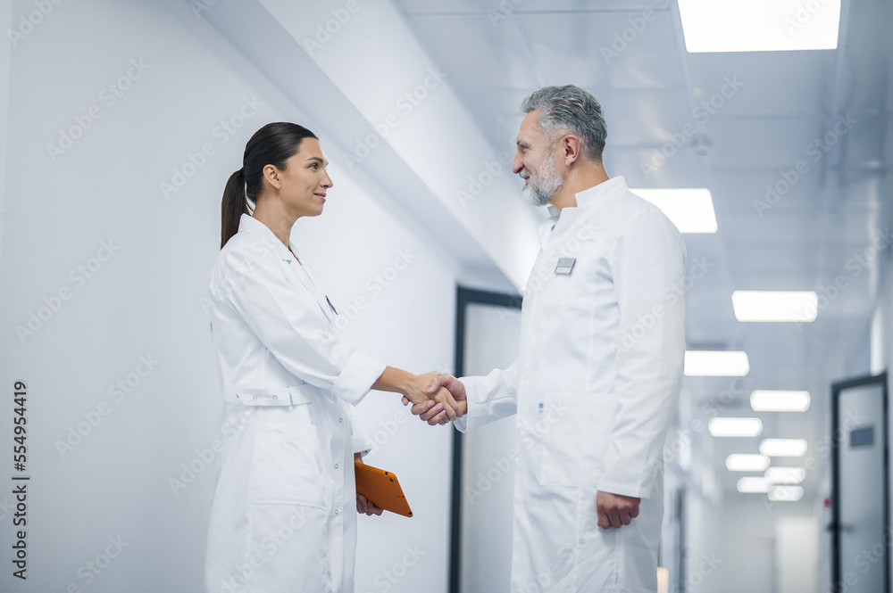 Two doctors shaking hands during appointment in the clinic