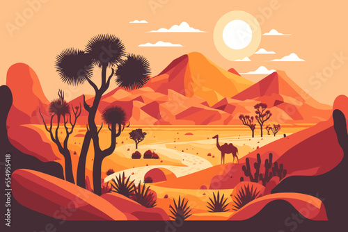 sand desert landscape in sunset with cactus and mountains flat color vector