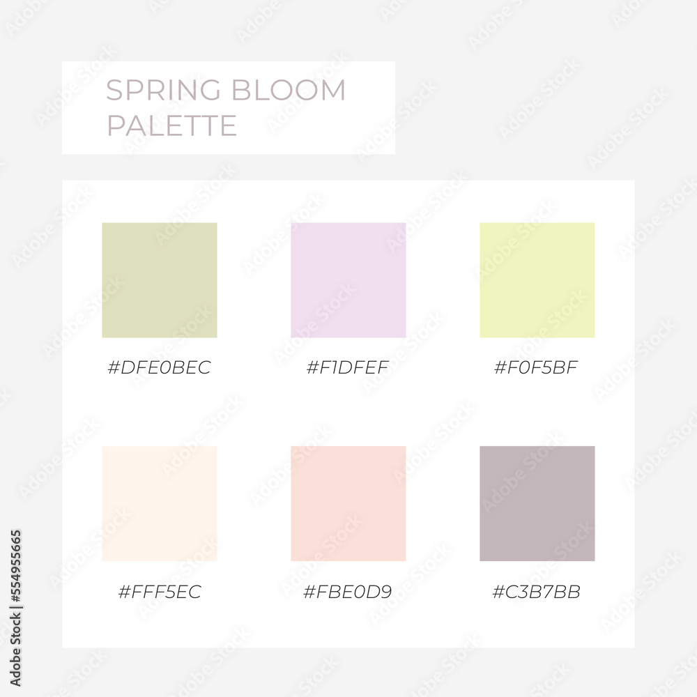  Color element. Trendy pallete of color. Cozy color pallete. Swatch summer shade tone with hex code. Spring pastel colors.