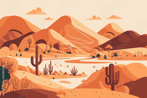 sand desert landscape in sunset with cactus and mountains flat color vector