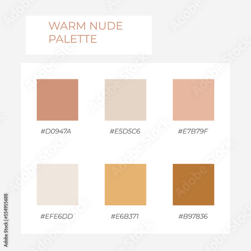 Color element. Trendy pallete of color. Cozy nude color pallete. Swatch nude shade tone with hex code. Warm Nude pastel colors.