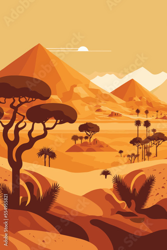 sand desert landscape in sunset with cactus and mountains flat color vector